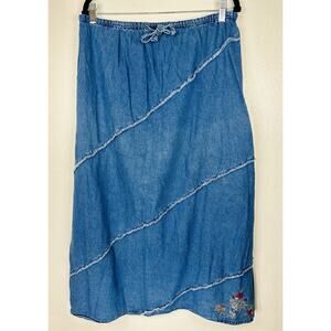 Vintage Denim Skirt Frayed Embroidered Flowers Large Maxi Y2K Cottage